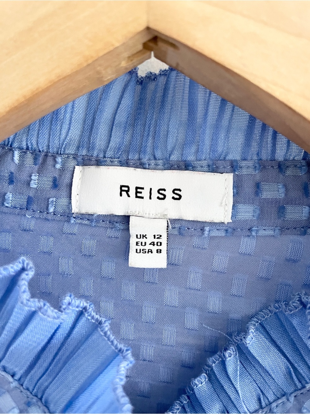 Reiss Sheer Silk Blend Ruffle Blouse Cornflower Periwinkle Blue Statement Sz 8 - Picture 3 of 16
